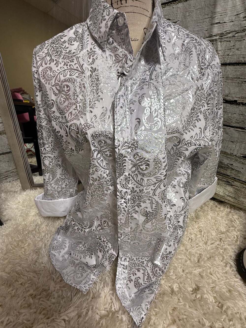 Beverly Hills Polo Club Large Mens Silver Paisley Shiny NWT Dress Shirt
